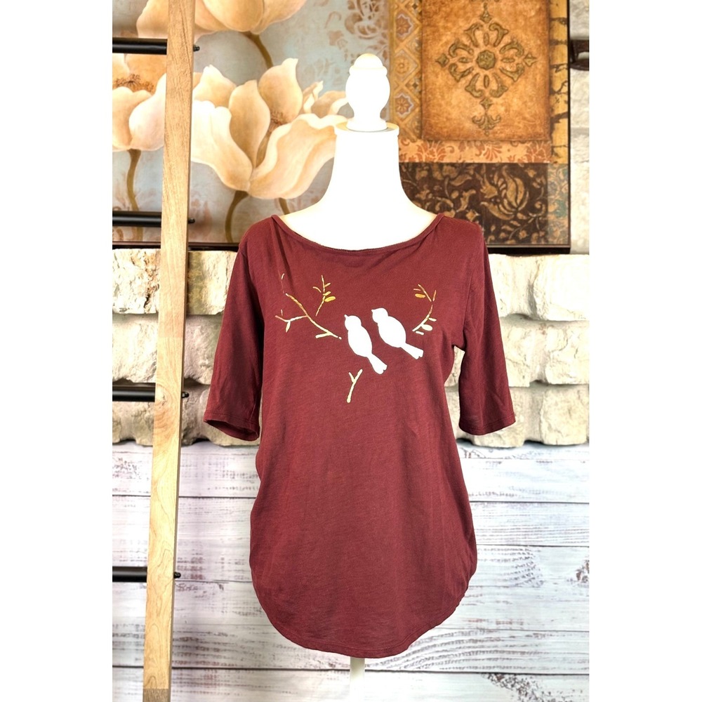 Loft Outlet Maroon Bird GraphicShort Sleeve Cotton Top Size Small